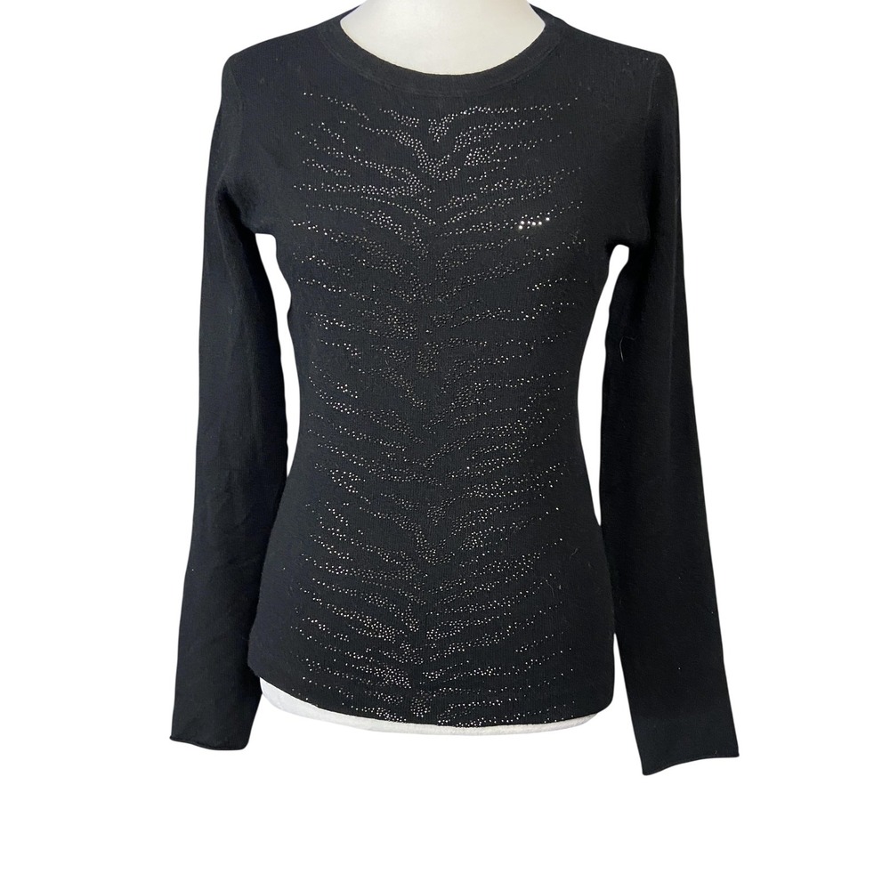 Autumn Cashmere Sweater Womens S Black 100% Cashmere Studded Crew Neck Pullover